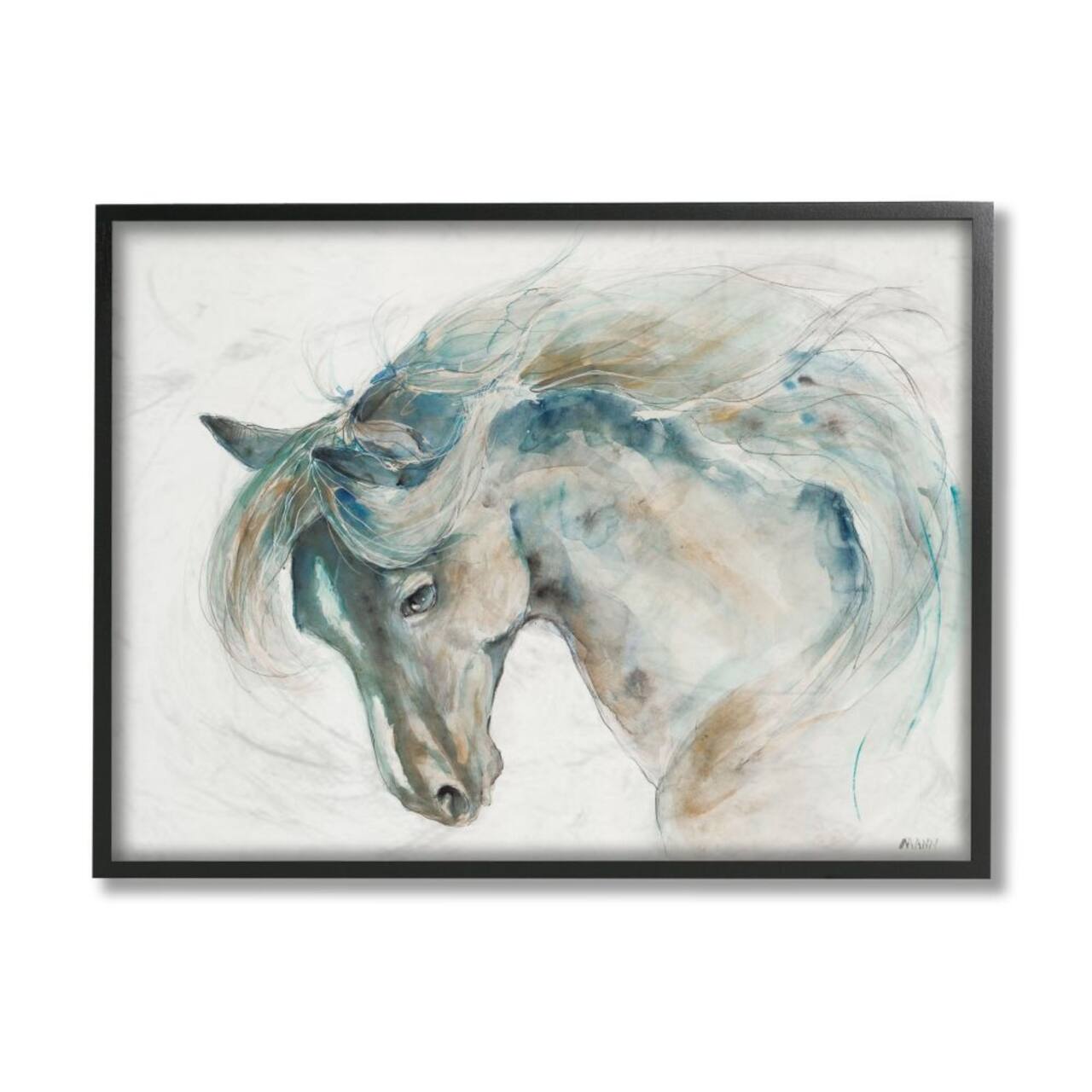 Stupell Industries Minimalist Watercolor Horse Portrait Blue Beige in Black Frame Wall Art